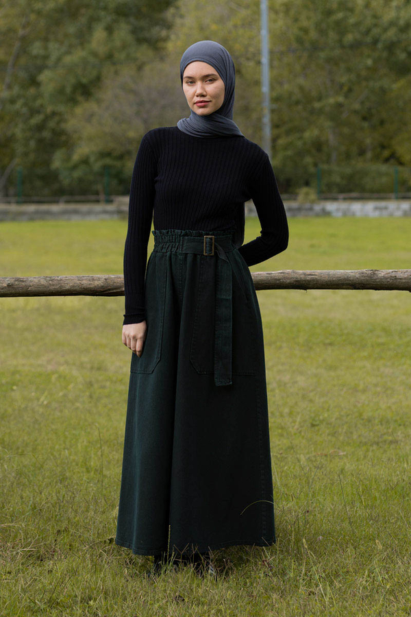 Side-Buckled Denim Skirt Dark Tint Green