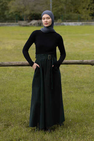 Side-Buckled Denim Skirt Dark Tint Green - 2