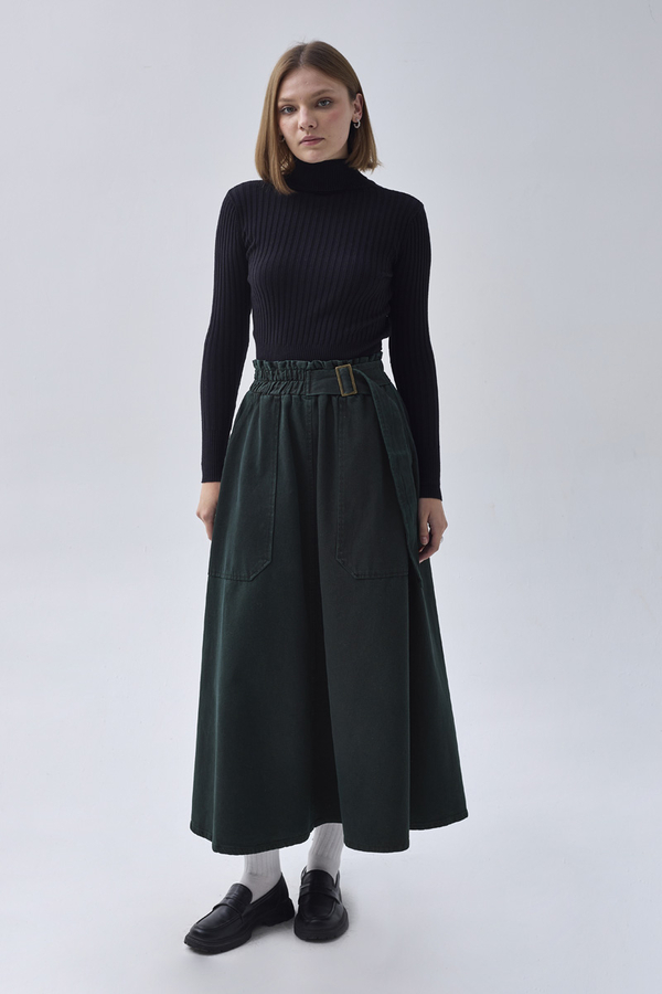 Side-Buckled Denim Skirt Dark Tint Green - 15