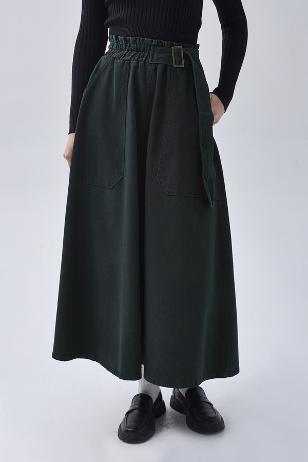 Side-Buckled Denim Skirt Dark Tint Green - 13