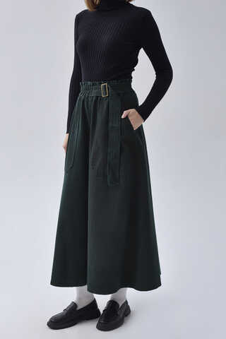 Side-Buckled Denim Skirt Dark Tint Green - 16