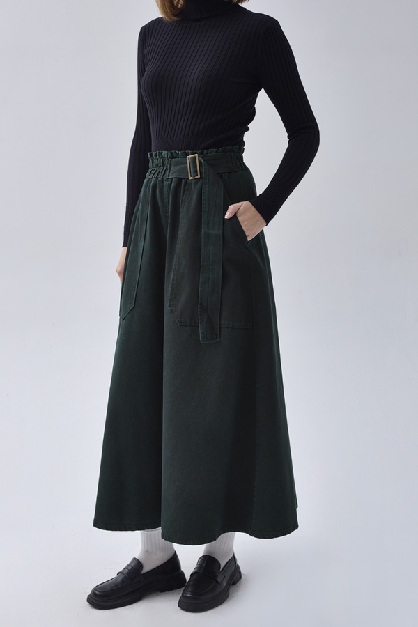 Side-Buckled Denim Skirt Dark Tint Green - 16