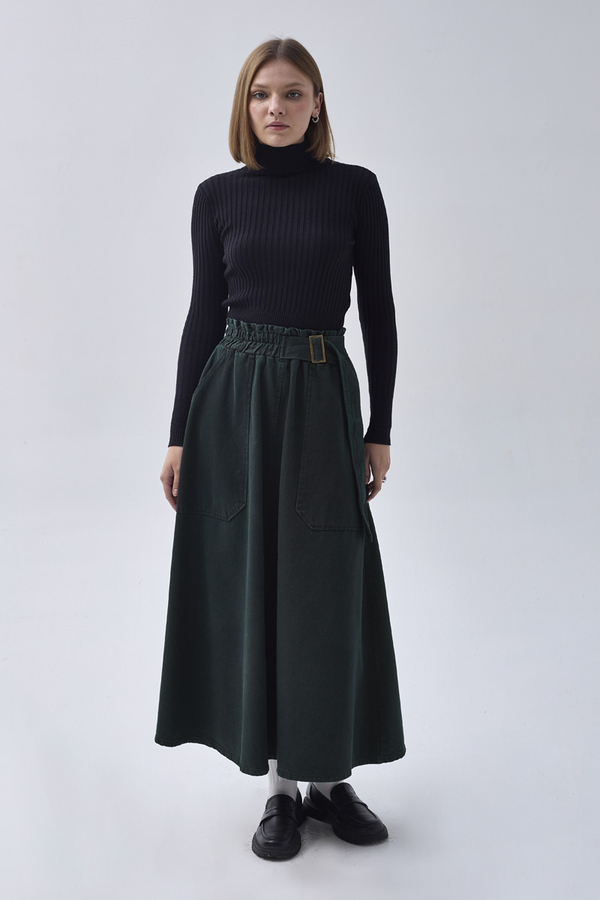 Side-Buckled Denim Skirt Dark Tint Green - 17