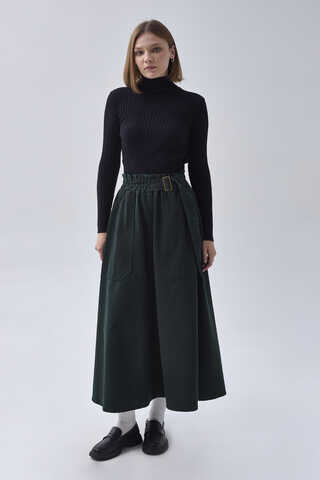 Side-Buckled Denim Skirt Dark Tint Green - 18