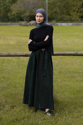 Side-Buckled Denim Skirt Dark Tint Green - 11