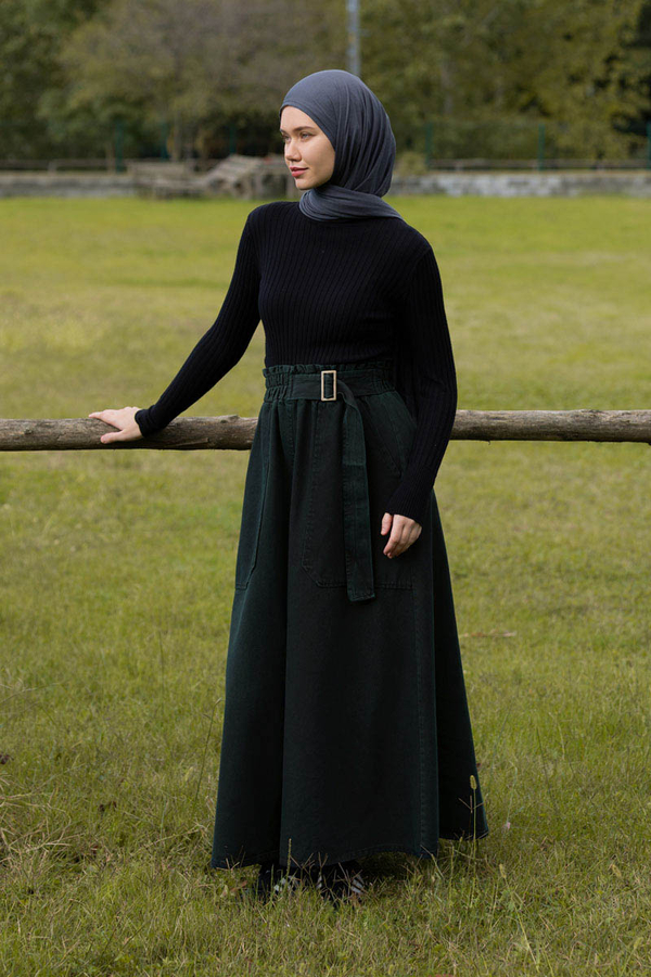 Side-Buckled Denim Skirt Dark Tint Green - 6