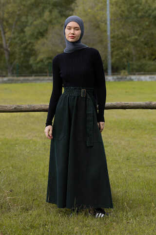 Side-Buckled Denim Skirt Dark Tint Green - 5