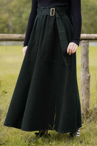 Side-Buckled Denim Skirt Dark Tint Green - 9