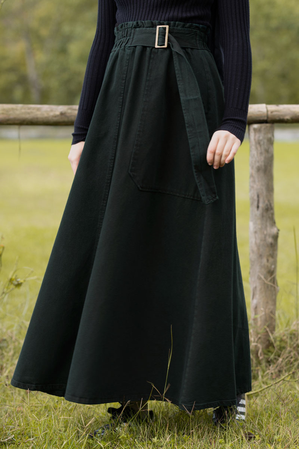 Side-Buckled Denim Skirt Dark Tint Green - 9