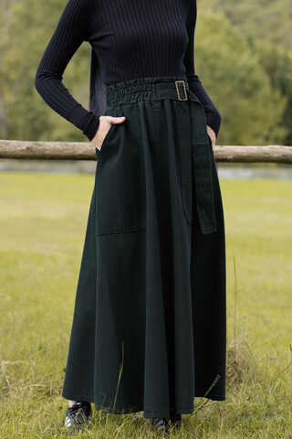 Side-Buckled Denim Skirt Dark Tint Green - 4