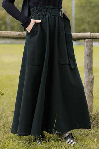 Side-Buckled Denim Skirt Dark Tint Green - 3