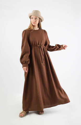 Side Gathered Dress Brown - 1