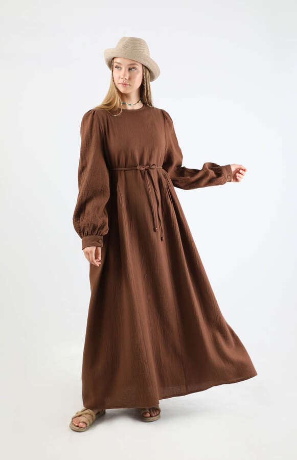 Side Gathered Dress Brown - 1