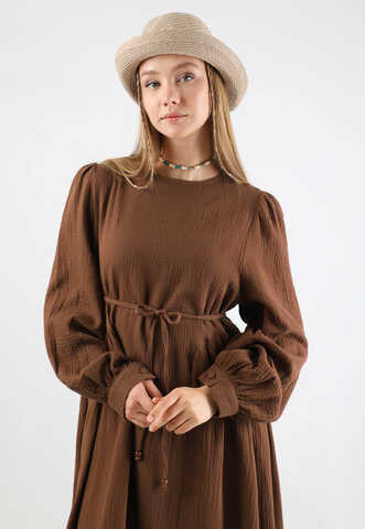 Side Gathered Dress Brown - 2