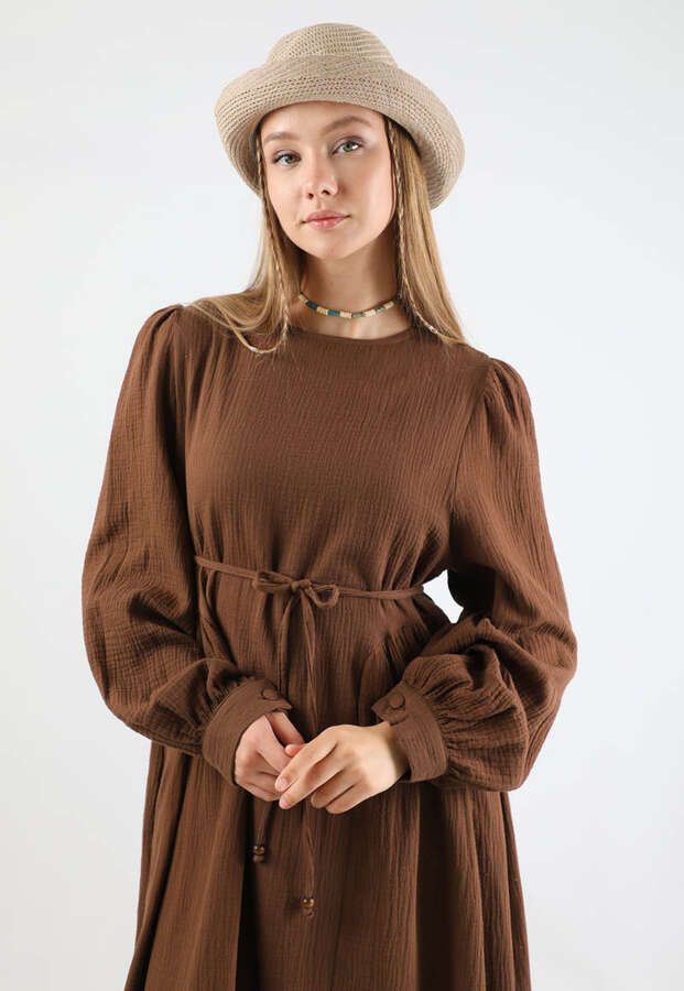 Side Gathered Dress Brown - 2