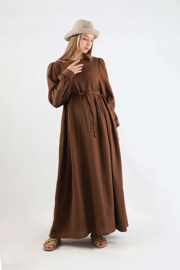 Side Gathered Dress Brown - 3