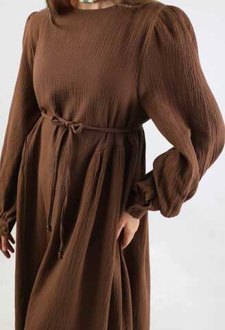 Side Gathered Dress Brown - 4