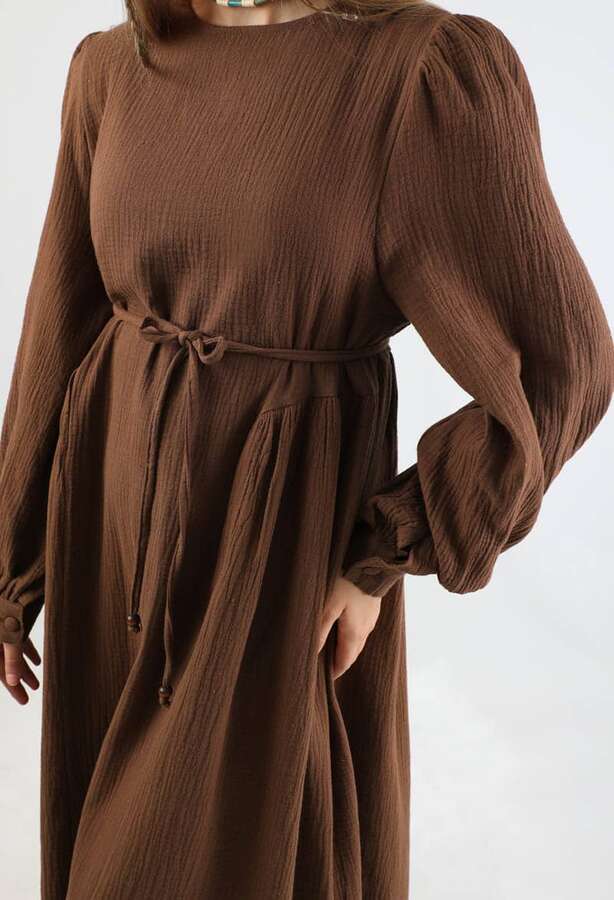 Side Gathered Dress Brown - 4