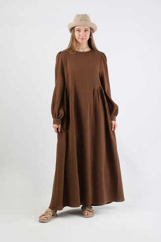 Side Gathered Dress Brown - 5