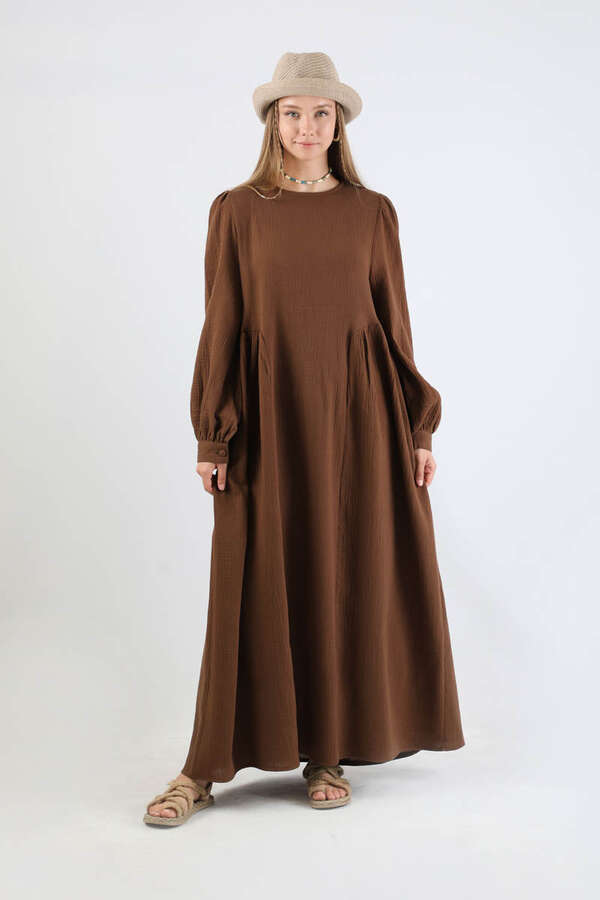 Side Gathered Dress Brown - 5