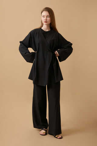 Side Tie Kimono Set Black - 2