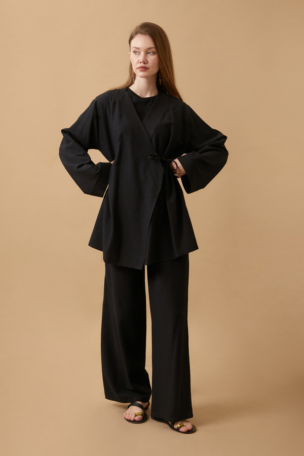 Side Tie Kimono Set Black - 2