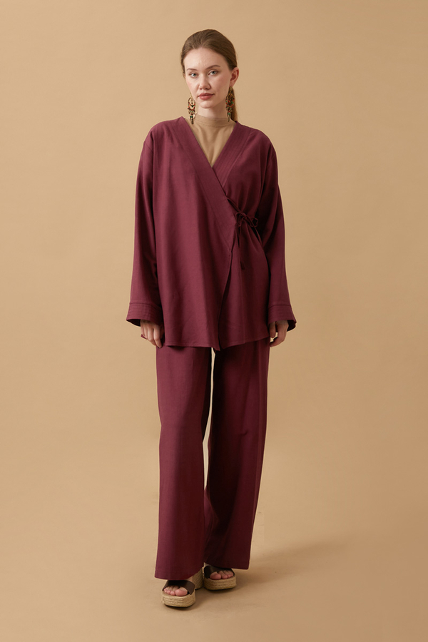 Side Tie Kimono Set Burgundy  - 1