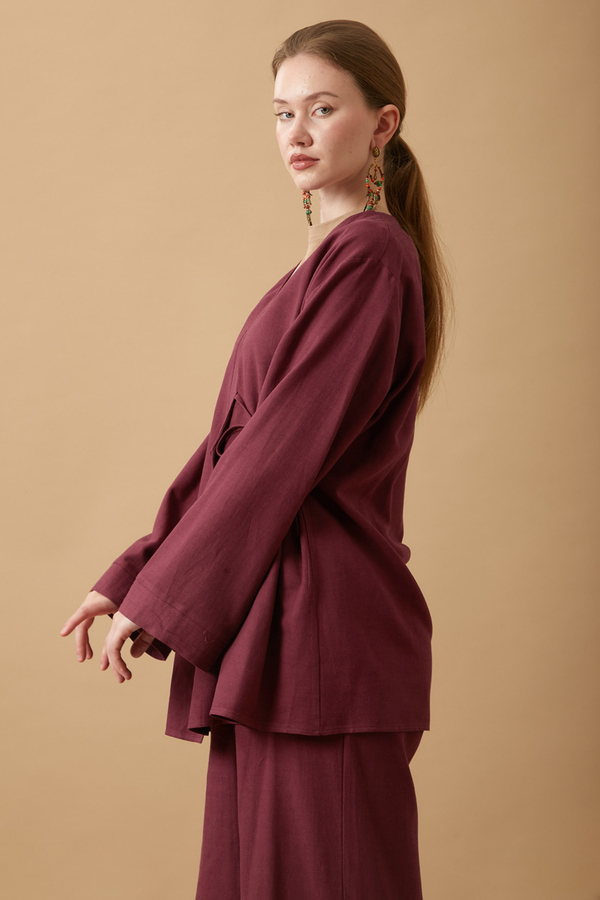 Side Tie Kimono Set Burgundy  - 6