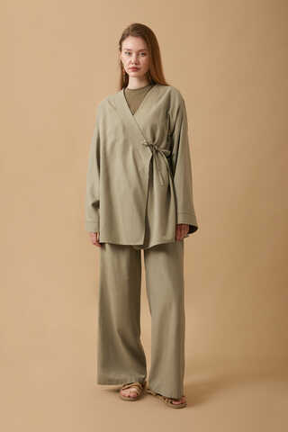 Side Tie Kimono Set Khaki - 1