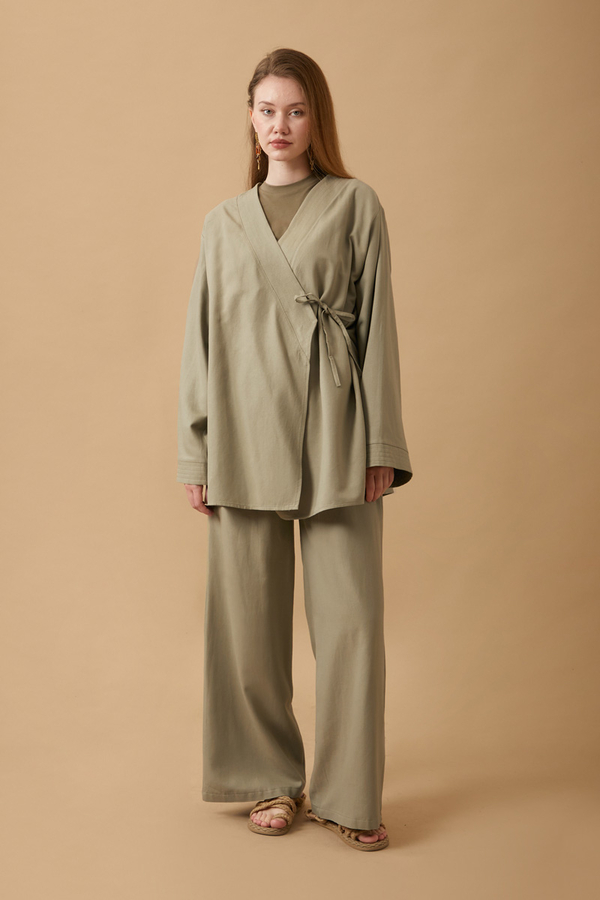 Side Tie Kimono Set Khaki - 1