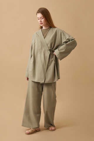 Side Tie Kimono Set Khaki - 2
