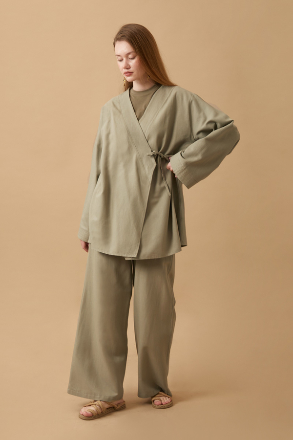 Side Tie Kimono Set Khaki - 2