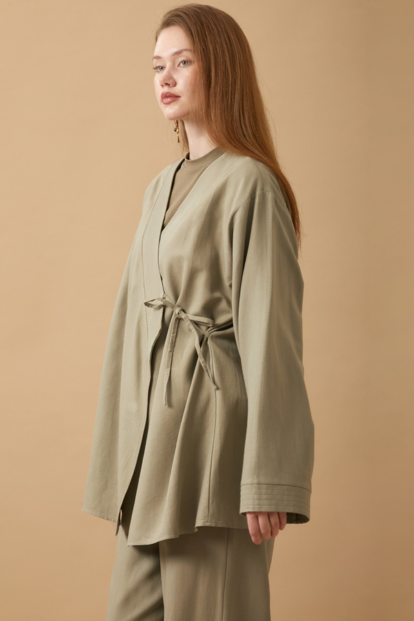 Side Tie Kimono Set Khaki - 3
