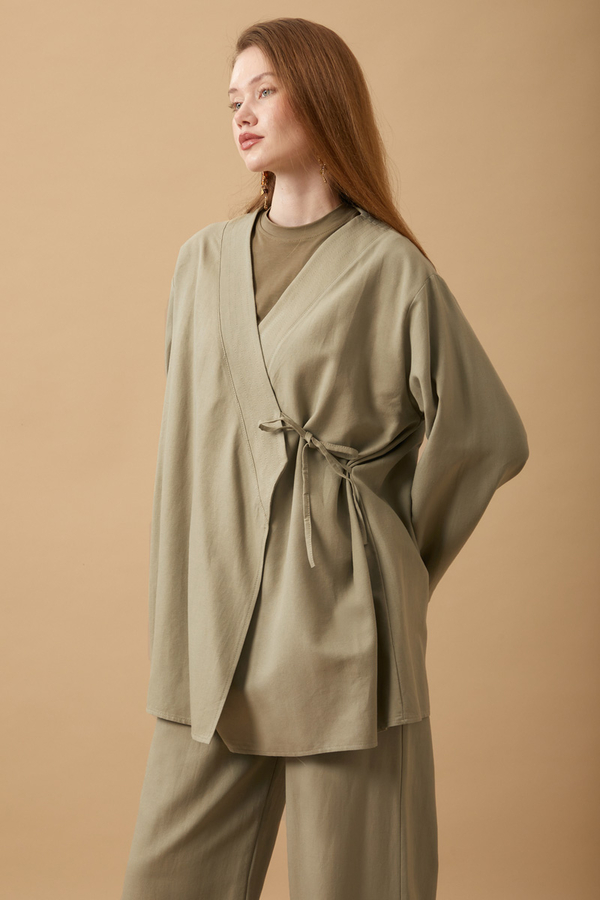 Side Tie Kimono Set Khaki - 4