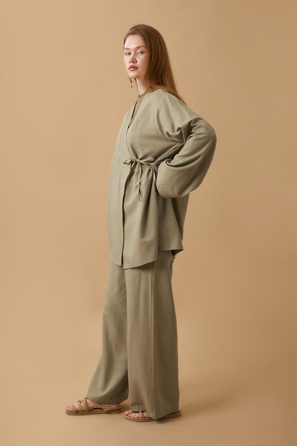 Side Tie Kimono Set Khaki - 6