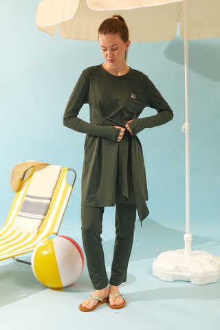 Side Tie Swimsuit Set Khaki - 3