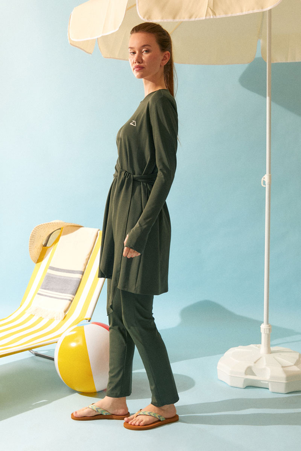 Side Tie Swimsuit Set Khaki - 5