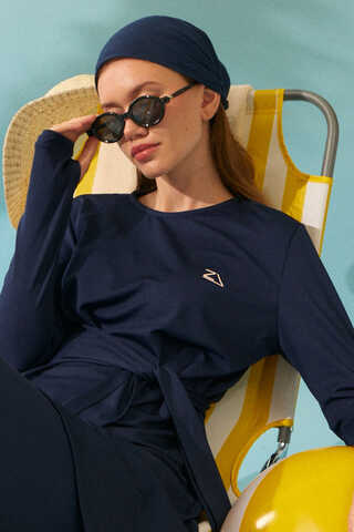 Side Tie Swimsuit Set Navy - 10