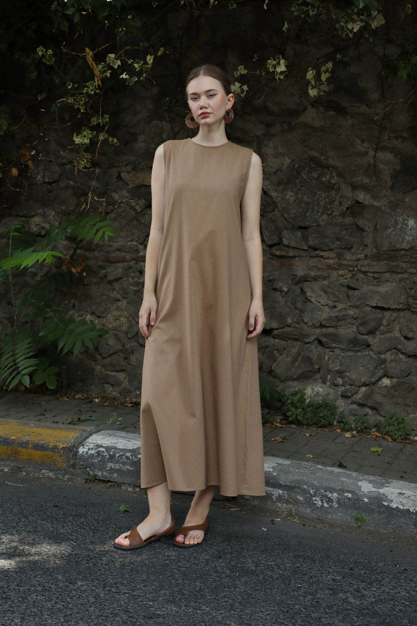 Sıfır Kol Keten Elbise Camel - 1