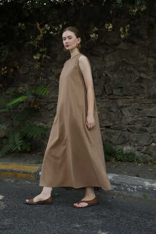 Sıfır Kol Keten Elbise Camel - 2