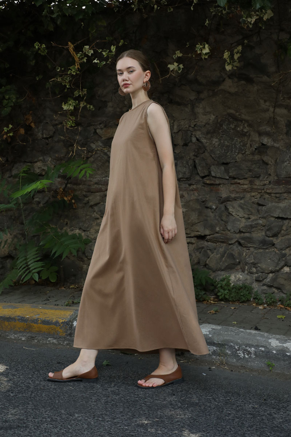 Sıfır Kol Keten Elbise Camel - 2