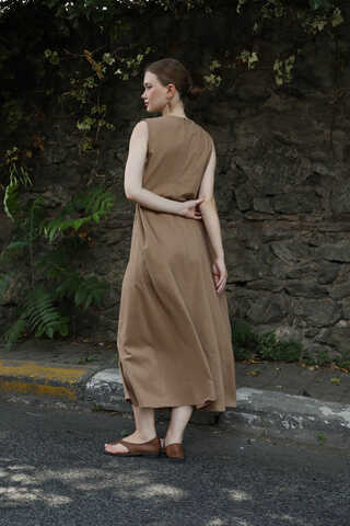 Sıfır Kol Keten Elbise Camel - 3