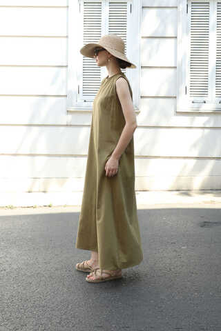 Sıfır Kol Keten Elbise Haki - 3