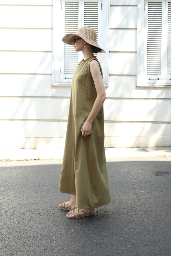 Sıfır Kol Keten Elbise Haki - 3