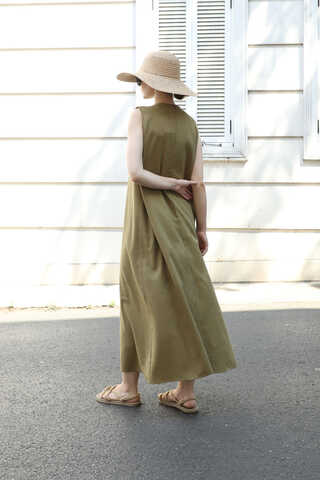Sıfır Kol Keten Elbise Haki - 4