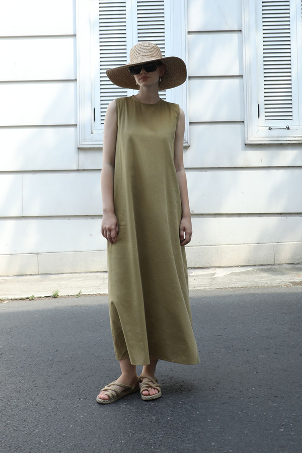 Sıfır Kol Keten Elbise Haki - 1