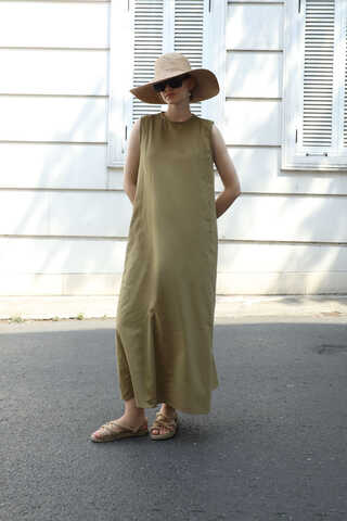 Sıfır Kol Keten Elbise Haki - 2