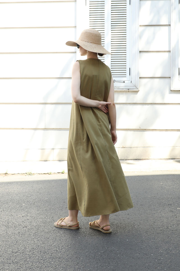 Sıfır Kol Keten Elbise Haki - 4