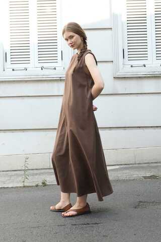 Sıfır Kol Keten Elbise Kahverengi - 2