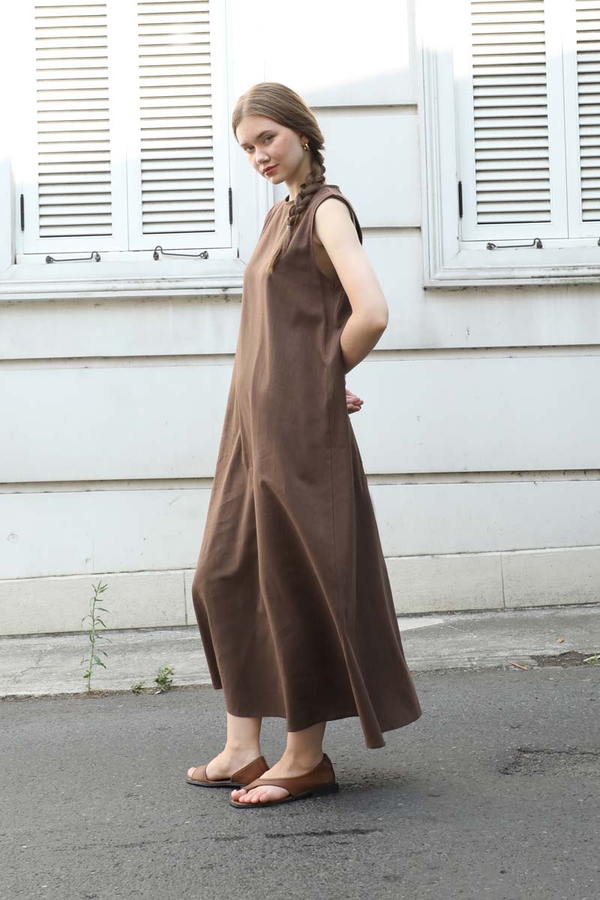 Sıfır Kol Keten Elbise Kahverengi - 2